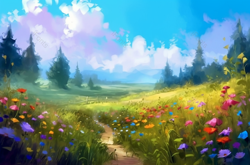 春天季节天气晴朗阳光明媚蓝天白云下一片绿色的开着五颜六色的鲜花草地背景插画,插画/手绘图,插画/手绘图库,插画/手绘图下载,插画/手绘